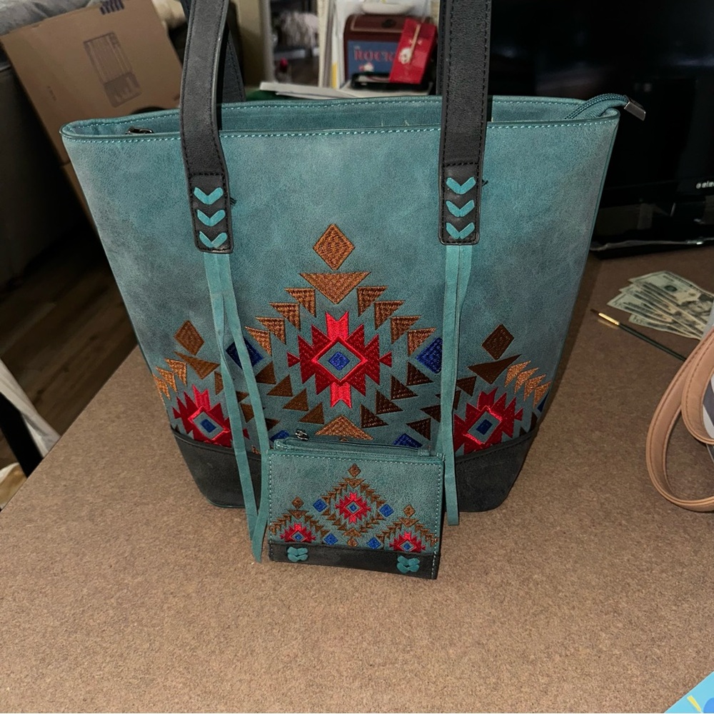 Montana West Teal and Black Aztec Embroidered Tote & Wallet with Fringe